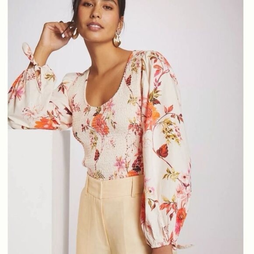 Anthropologie Romantic Floral Preplum Long Bishop Sleeves Blouse size Medium